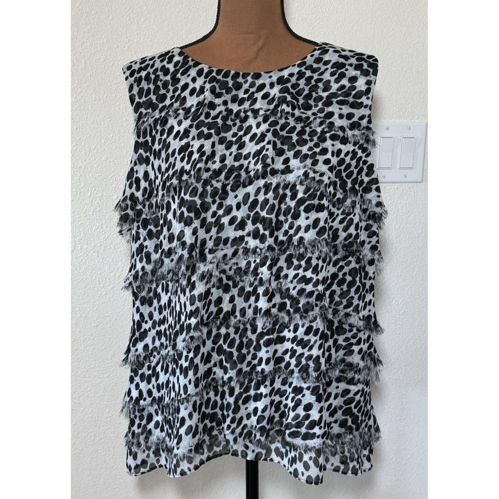 Michael Kors‎ Tiered Frayed Edges Animal Print Sleeveless Top Black/White Sz 1X